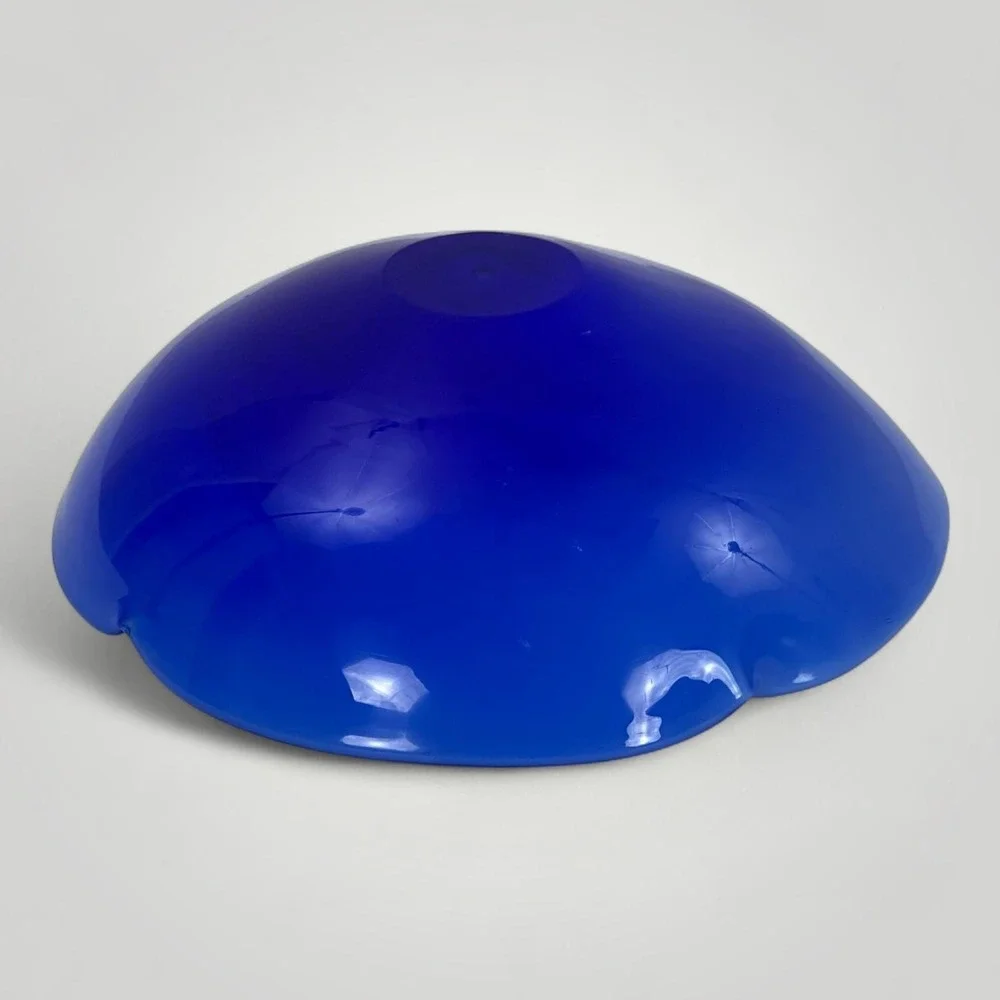 Handblown Art Glass Bowl Cobalt Blue White Interior Murrine 8.5 in Scalloped Rim